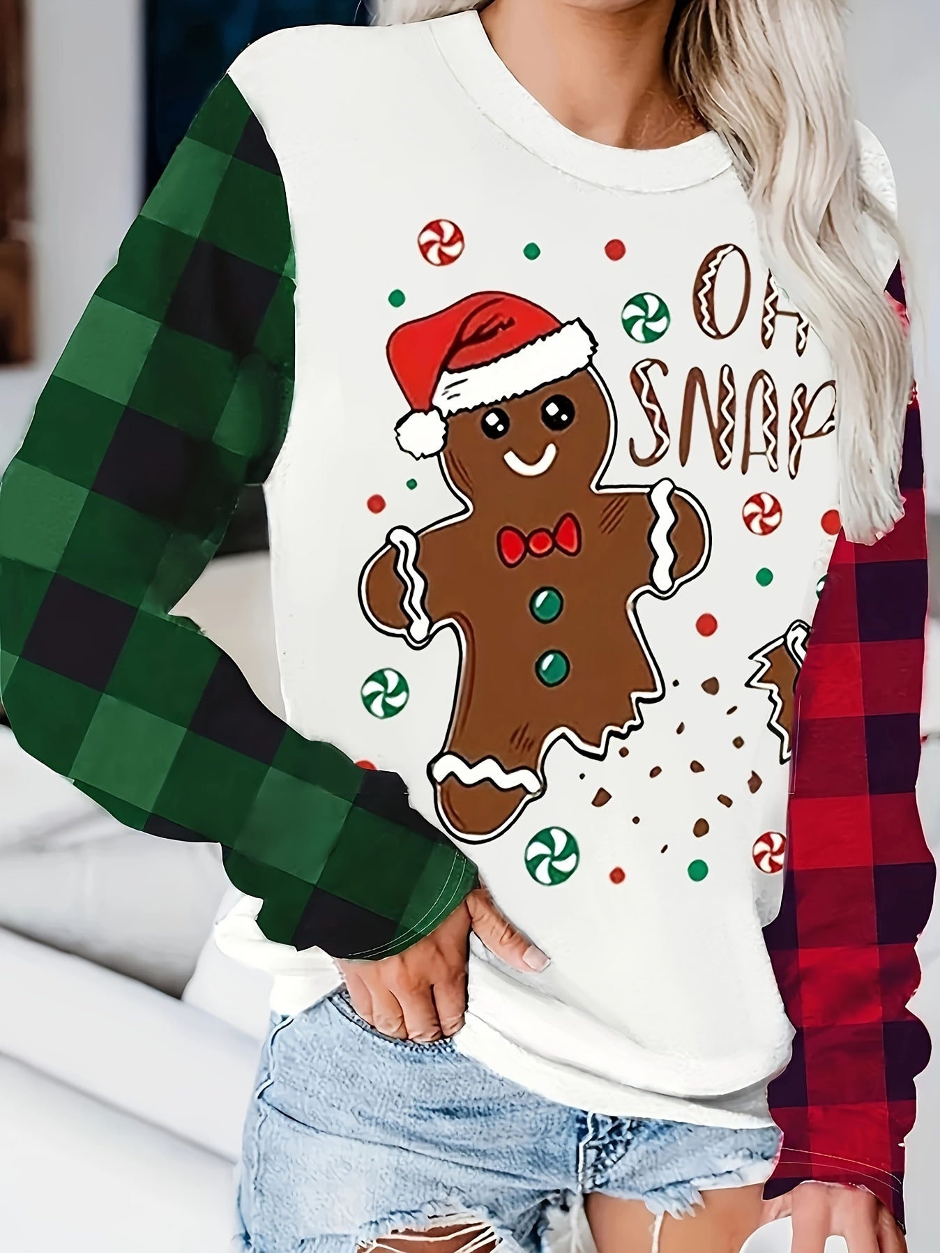 Christmas Gingerbread & Letter Print Sweatshirt, Casual Long Sleeve Crew Neck Sweatshirt For Fall & Winter, Women's Clothing