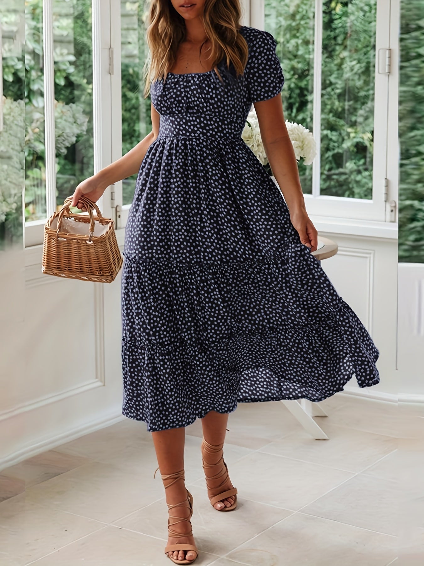Polka Dot Ruffle Hem Dress, Casual Square Neck Short Sleeve Dress, Women's Clothing