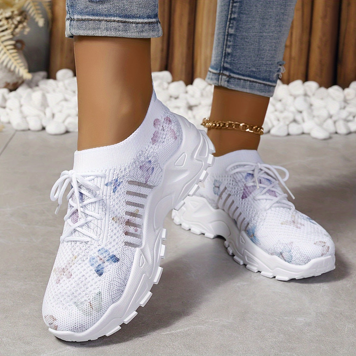 Women's Butterfly Pattern Sneakers, Casual Lace Up Outdoor Shoes, Breathable Knit Low Top Shoes