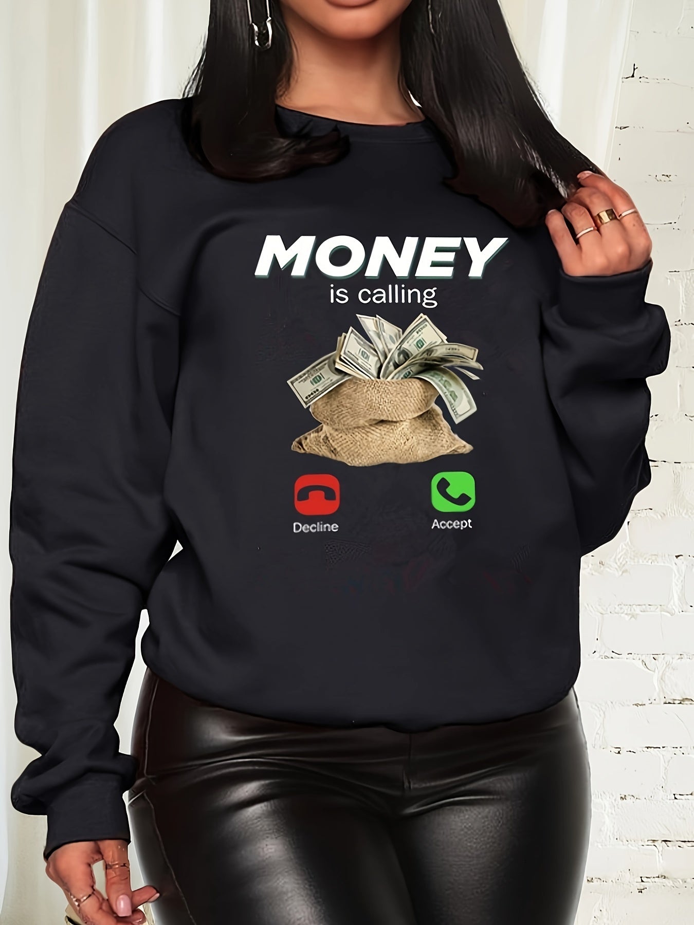 Dollar Calling Print Pullover Sweatshirt, Casual Long Sleeve Crew Neck Sweatshirt For Fall & Winter, Women's Clothing