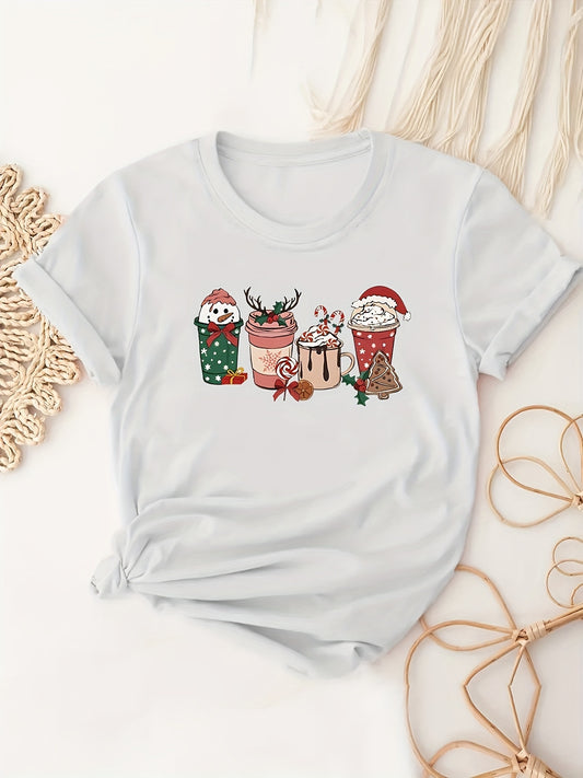 Christmas Graphic Print Crew Neck T-Shirt, Casual Short Sleeve Top For Spring & Summer, Women's Clothing