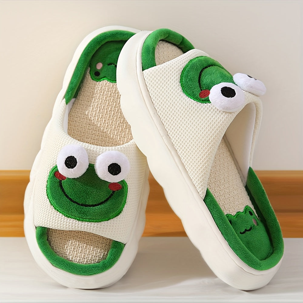 Cute Cartoon Frog Linen Slippers, Breathable Soft Sole Open Toe Platform Shoes, Comfy Indoor Slippers