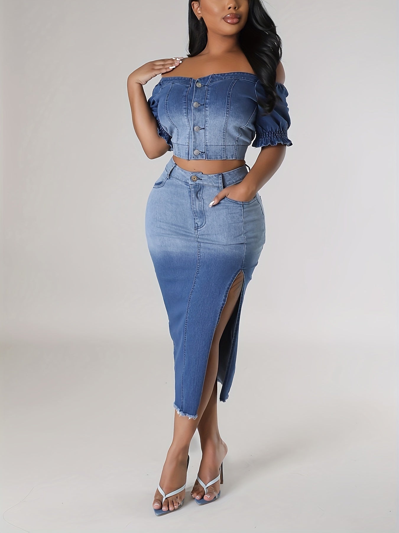 Ombre Washed Side Split Raw Hem Denim Skirt, Medium Stretch High Rise Hot Midi Denim Skirt Without Top, Women's Denim Jeans & Clothing