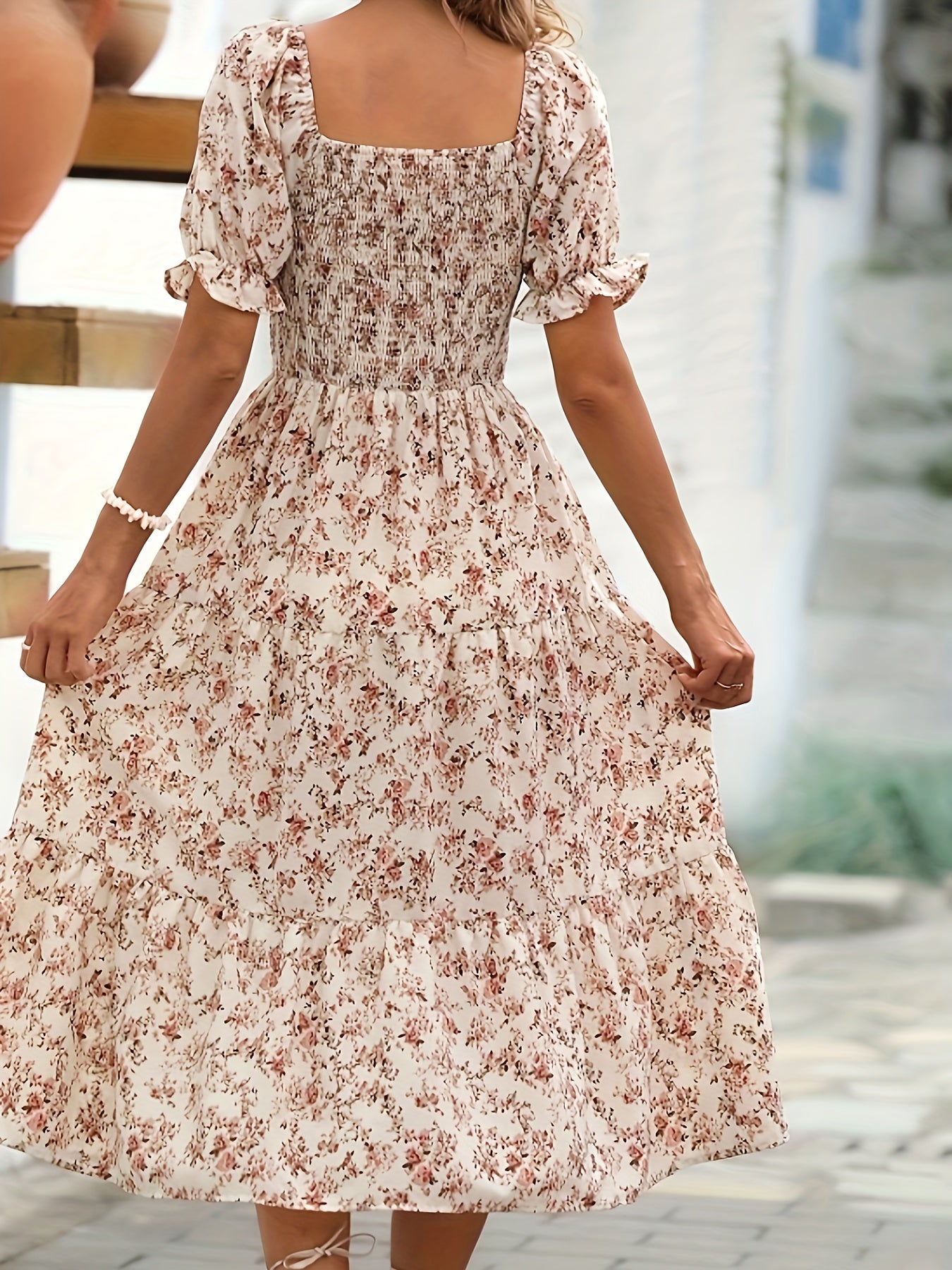 Floral Print Shirred Aline Dress, Vintage Square Neck Puff Sleeve Swing Dress For Spring & Summer, Women's Clothing