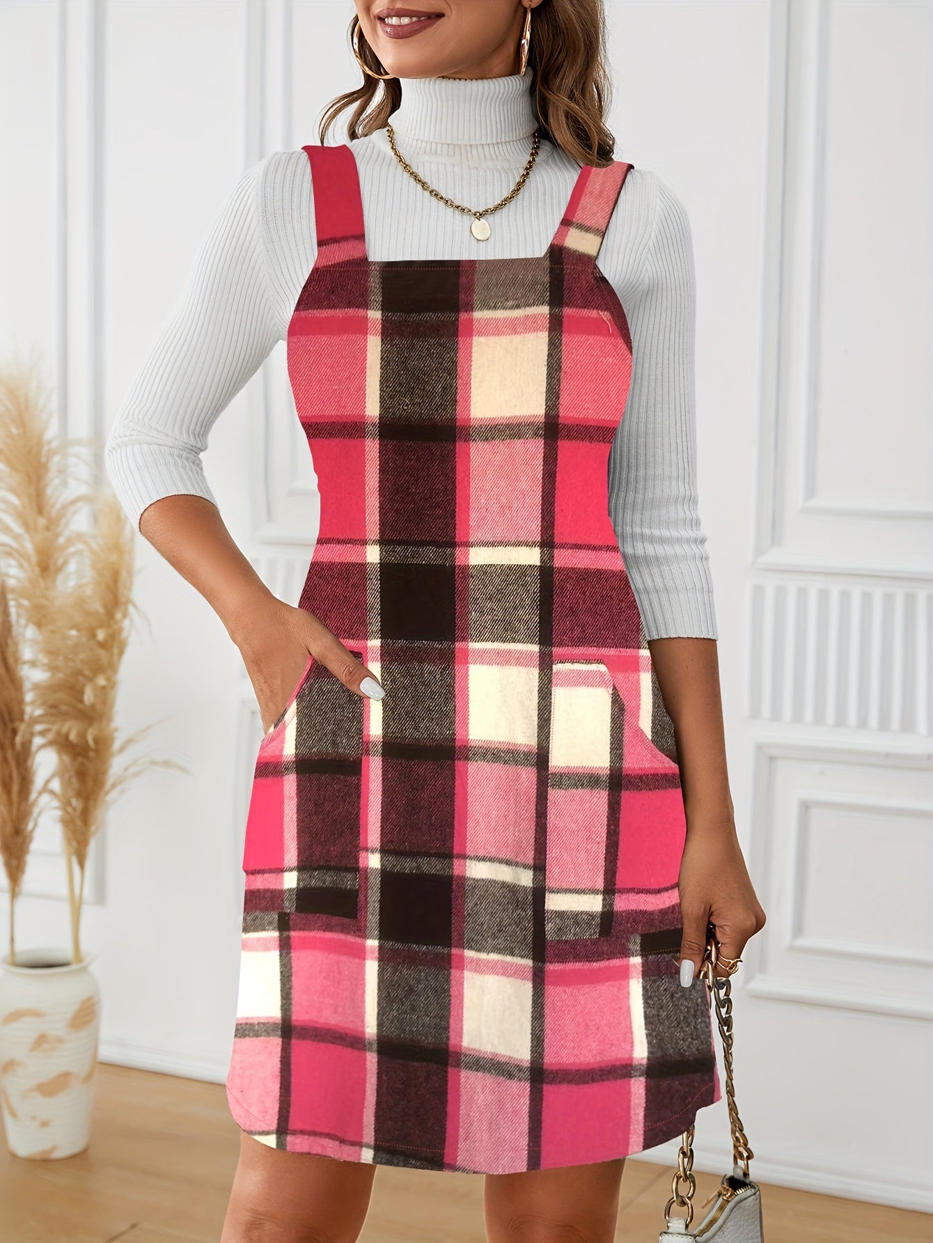 Plaid Pattern Overall Dress, Casual Sleeveless Dress With Pockets, Women's Clothing