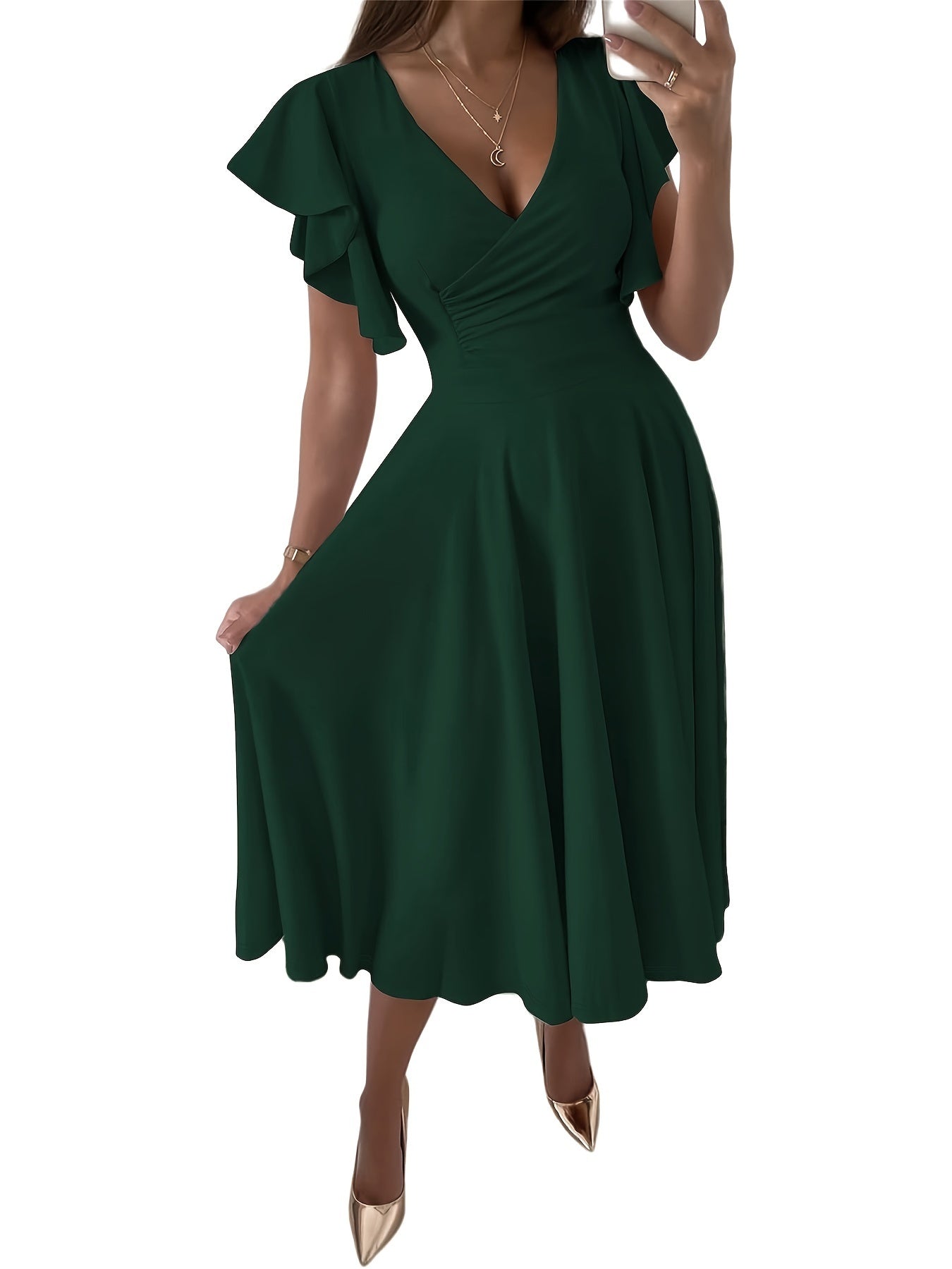 Solid Color Flutter Sleeve Dress, Elegant Surplice Neck A-line Dress, Women's Clothing