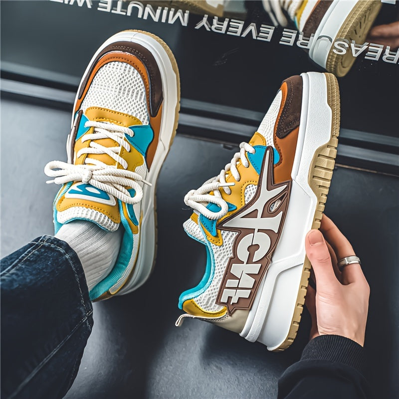 Men's Trendy Street Style Colour Block Skateboard Shoes, Comfy Non Slip Lace Up Casual Durable Sneakers For Men's Outdoor Activities