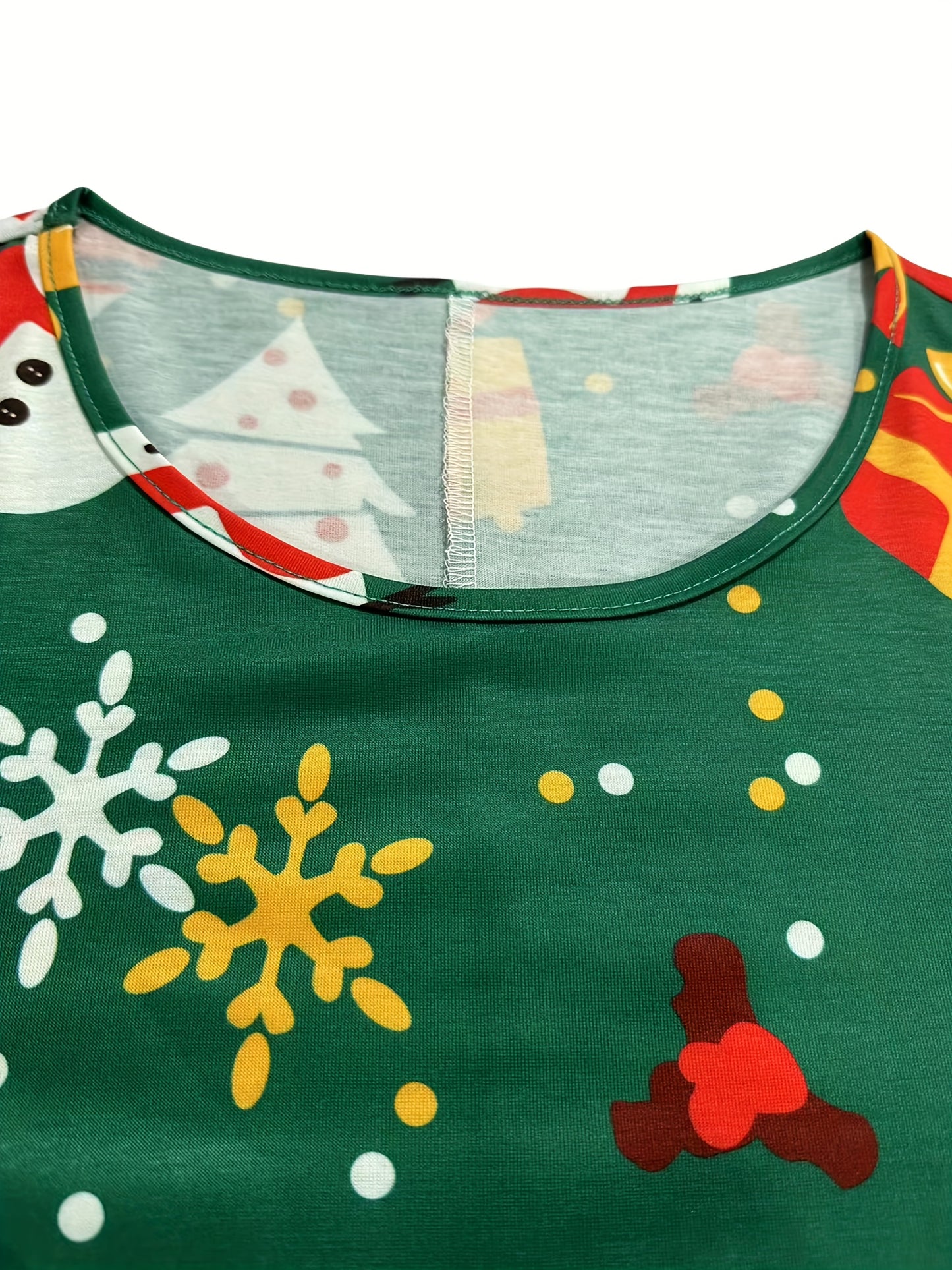 Plus Size Christmas Casual Dress, Women's Plus Graphic Print Long Sleeve Round Neck Slight Stretch Dress