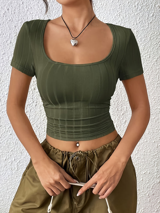 Solid Scoop Neck Crop T-Shirt, Y2K Short Sleeve Ripped Top For Spring & Summer, Women's Clothing