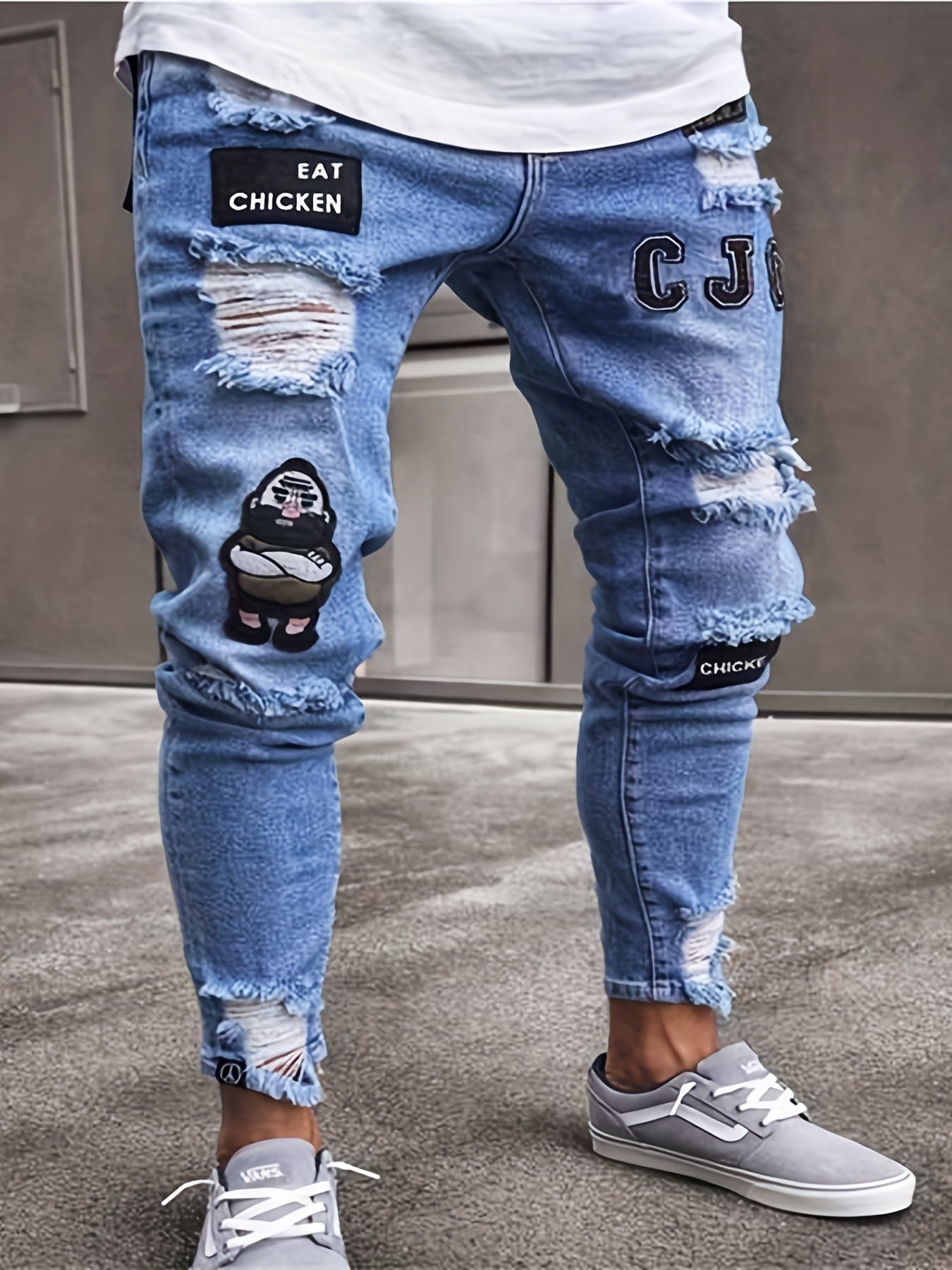 Men Fashion White Ripped Distressed Destroyed Washed Denim Jeans Ripped Slim Fit Wild Jeans White Denim Pants