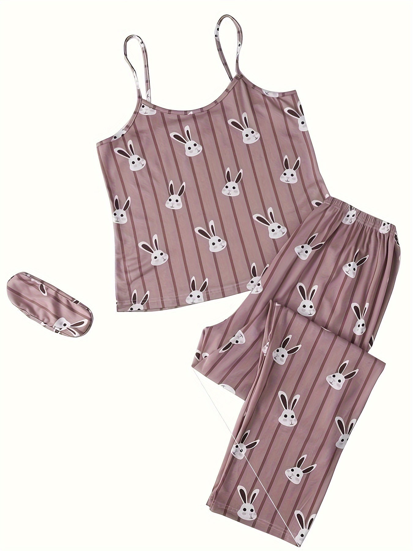 Cute Bunny & Stripe Print Pajama Set For Easter, Round Neck Backless Cami Top & Elastic Pants, Women's Sleepwear