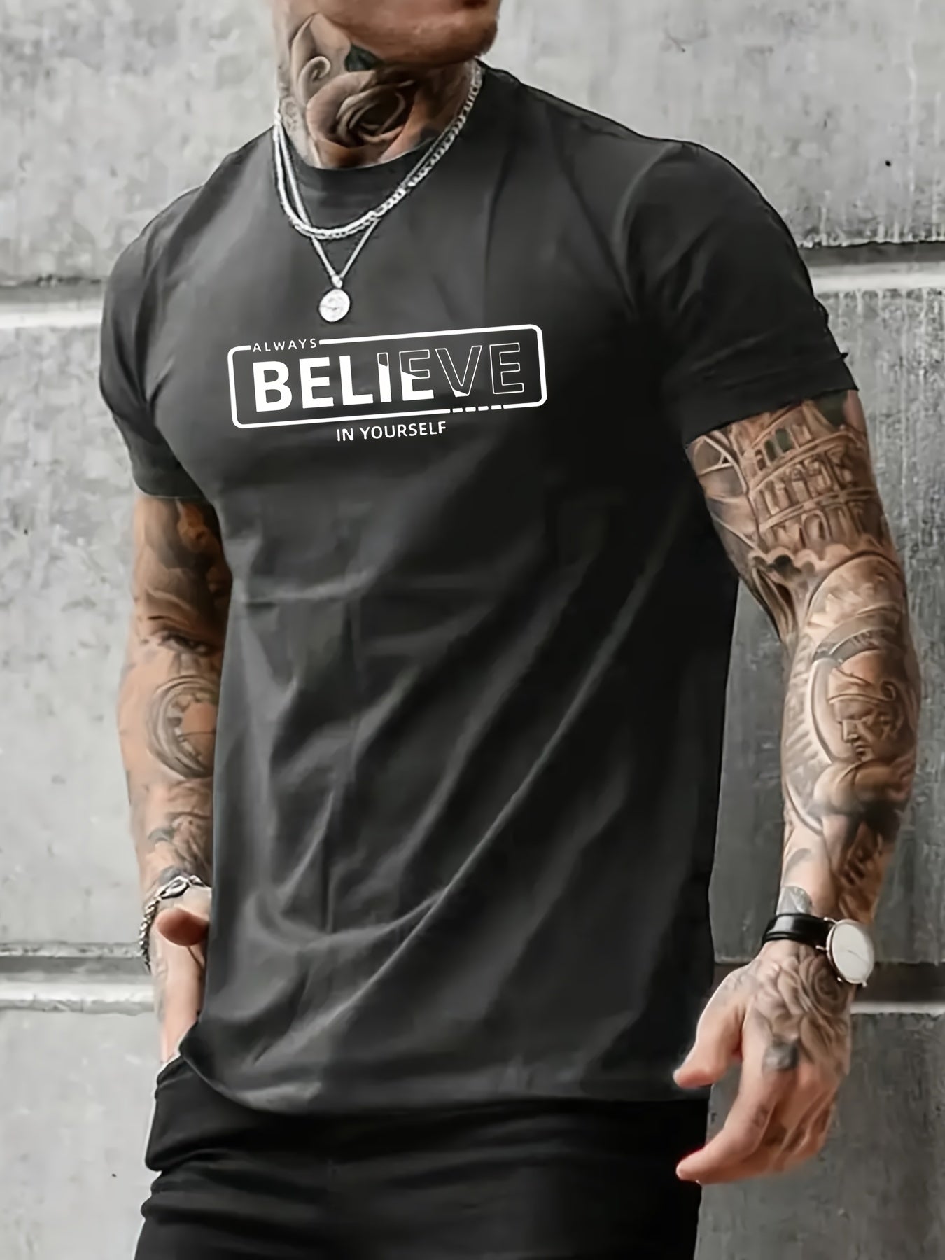 "Always Believe In Yourself" Print T-shirt, Men's Casual Street Style Stretch Round Neck Tee Shirt For Summer