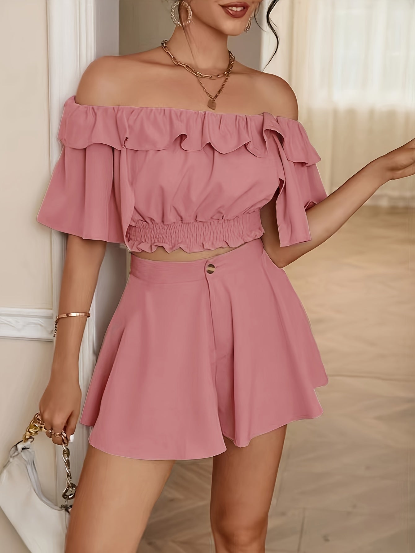 Solid Color Two-piece Set, Casual Off-shoulder Ruffle Trim Crop Top & Loose Flare Shorts Outfits, Women's Clothing