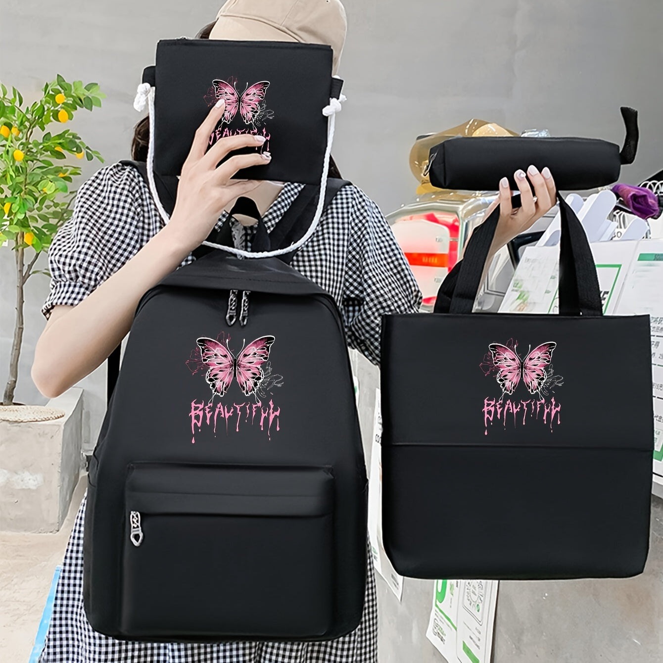 4pcs/set Fashion Butterfly Print Backpack, Preppy College School Daypack, Travel Commute Knapsack, Shoulder Bag & Pencil Case