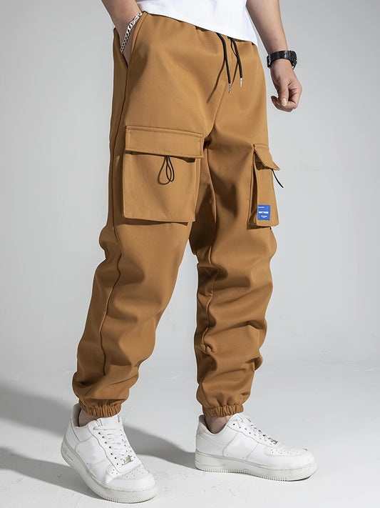 Men's Loose Solid Cargo Joggers With Pockets, Active Breathable Drawstring Trousers For Outdoor