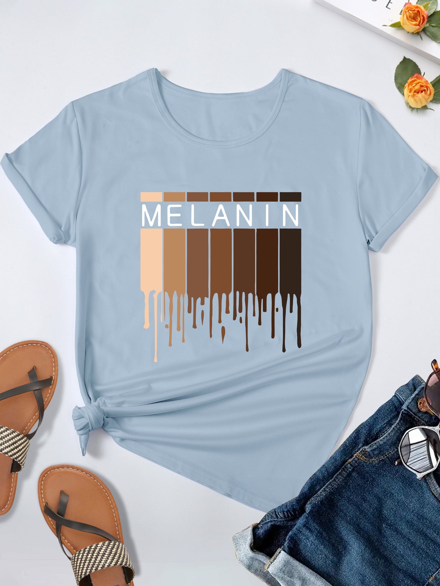 Melanin Print T-shirt, Casual Short Sleeve Crew Neck Top For Spring & Summer, Women's Clothing