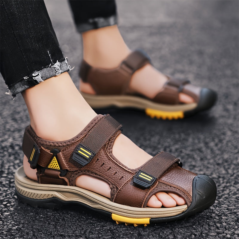Men's Stitching Casual Closed Toe Slip On Sandals, Breathable Anti-skid Summer Beach Sandals With Hook & Loop Fasteners For Outdoor