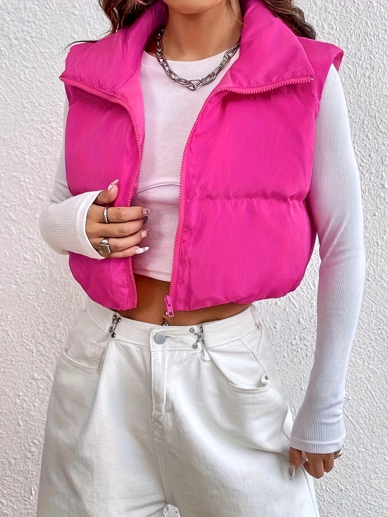 Zip Up Cropped Vest Coat, Casual Solid Sleeveless Stand Collar Outerwear, Women's Clothing