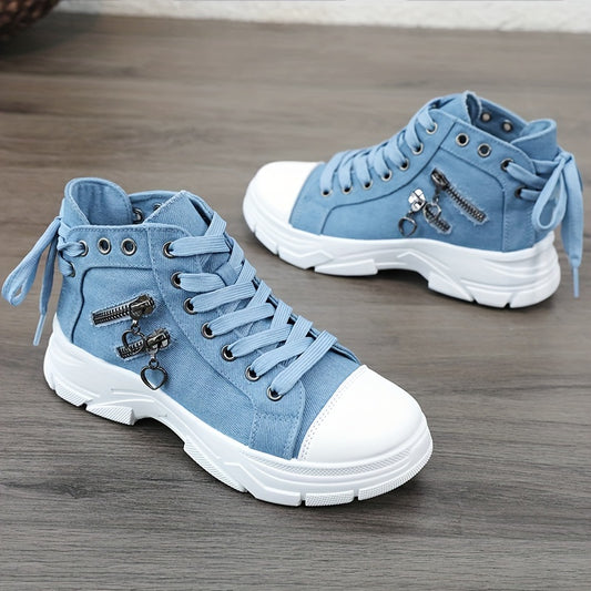 Women's Platform Side Zipper Design Canvas Shoes, Casual Lace Up Outdoor Shoes, Comfortable Valentine's Day Sneakers