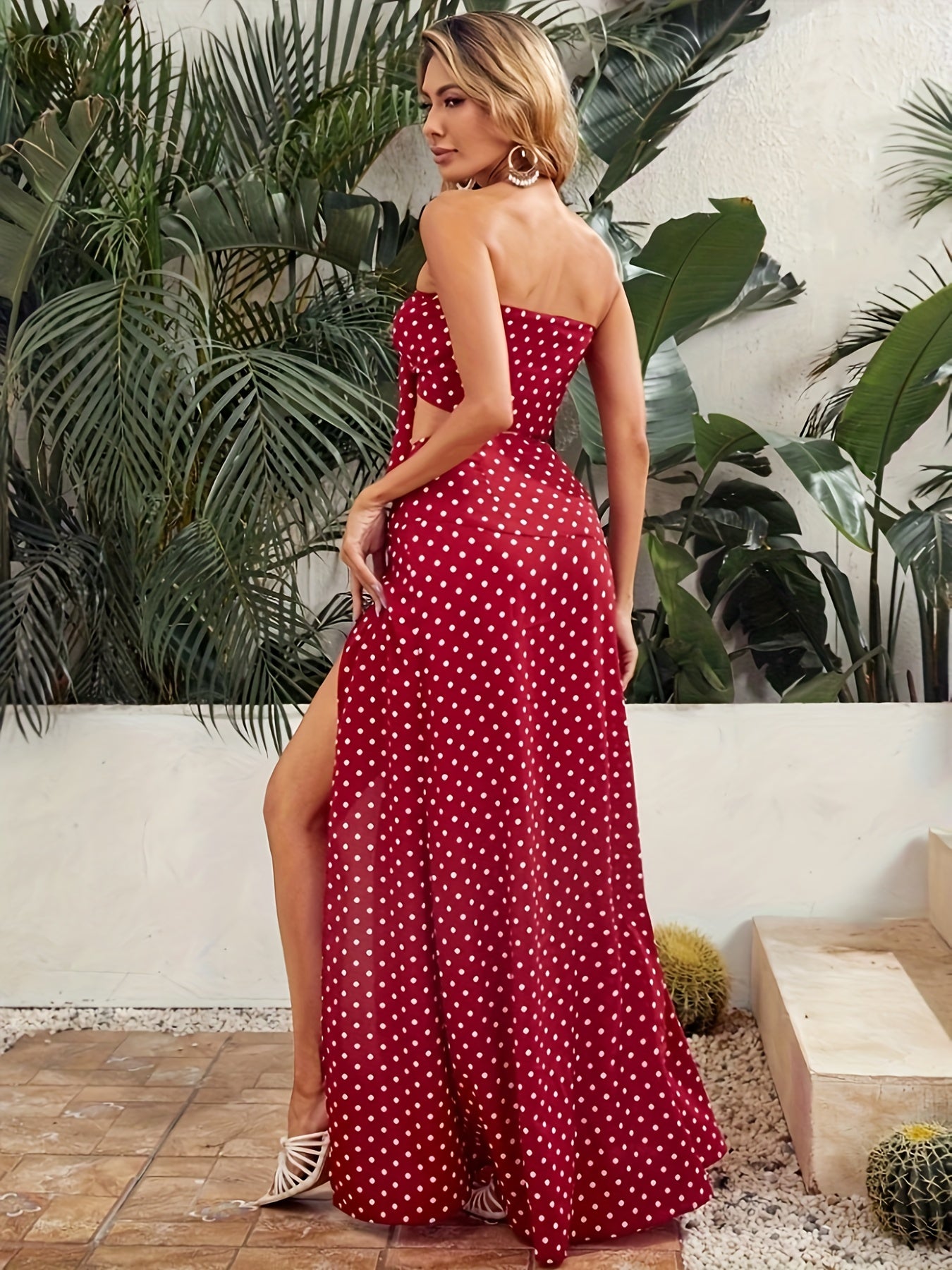 Vacation Wear Polka-dot Print Skirt Set, Crop Sweetheart Neck Knot Tube Top & Split Hem Maxi Length A-line Skirt Outfits, Women's Clothing