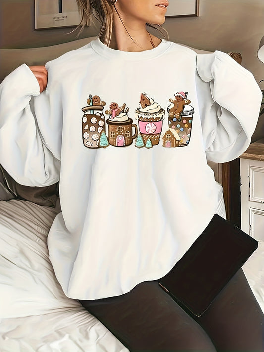 Plus Size Christmas Casual Sweatshirt, Women's Plus Christmas Cookie Graphic Print Long Sleeve Round Neck Sweatshirt