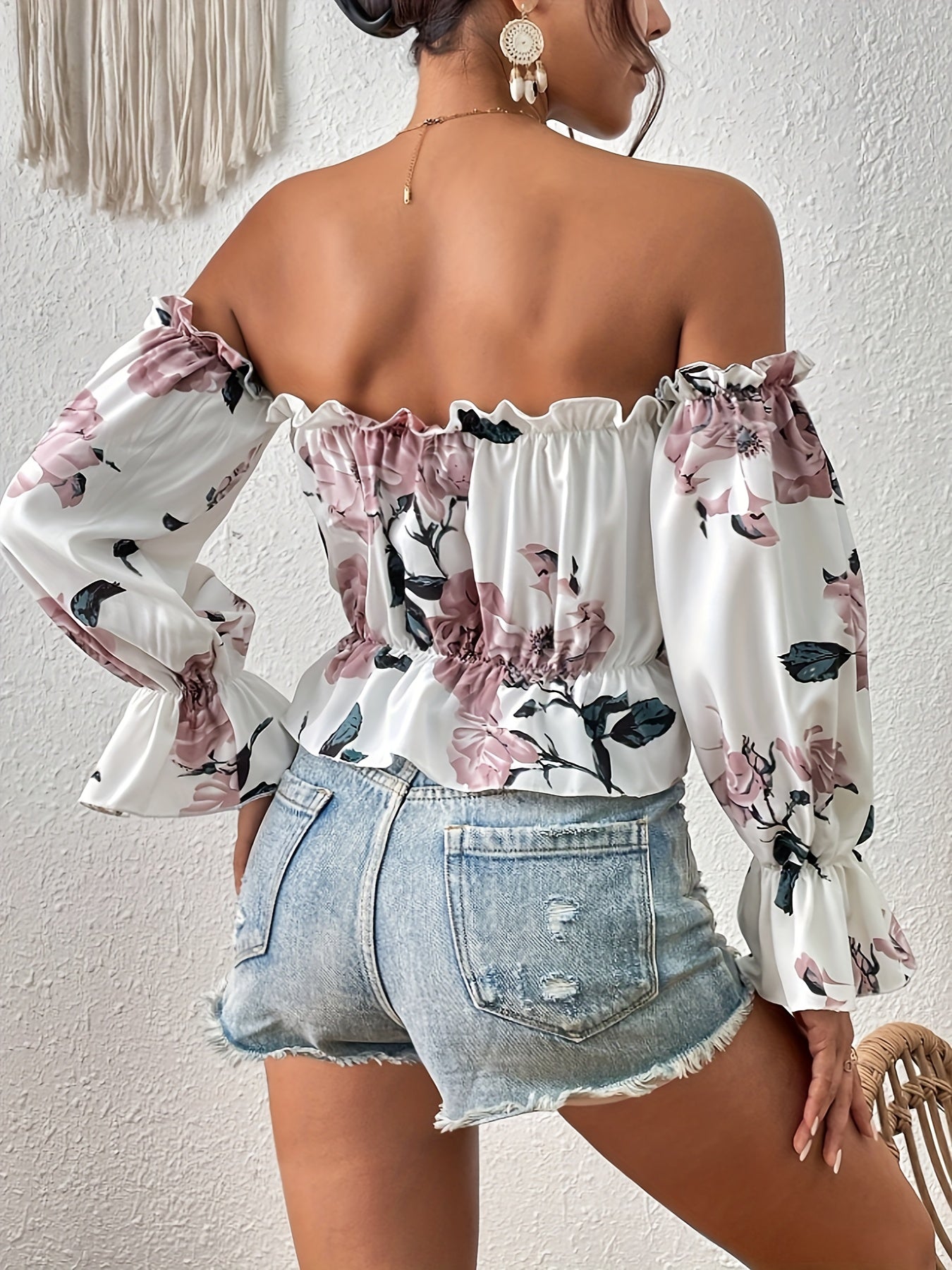 Floral Print Off Shoulder Blouse, Elegant Ruffle Trim Blouse For Spring & Fall, Women's Clothing