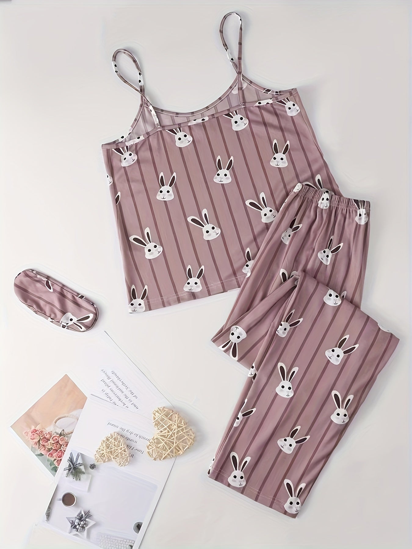 Cute Bunny & Stripe Print Pajama Set For Easter, Round Neck Backless Cami Top & Elastic Pants, Women's Sleepwear