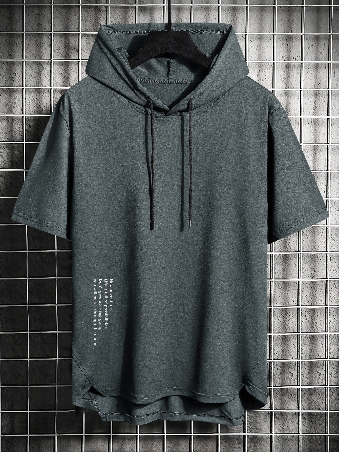 Men's Alphabet Print Solid Casual Hooded T-shirt With Drawstring For Spring Summer Outdoor