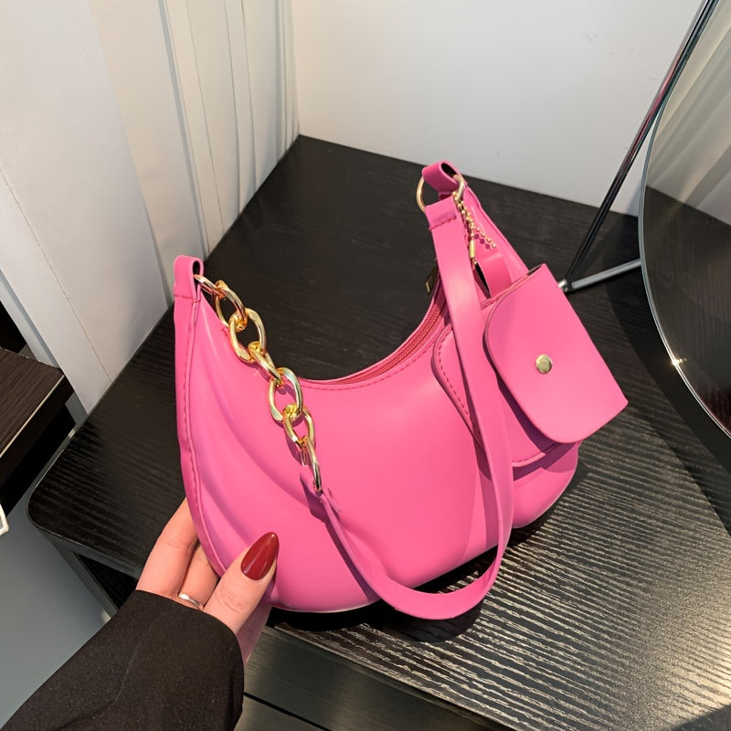 Trendy Solid Color Crescent Shoulder Bag, All-Match Minimalist Underarm Bag With Hanging Mini Purse