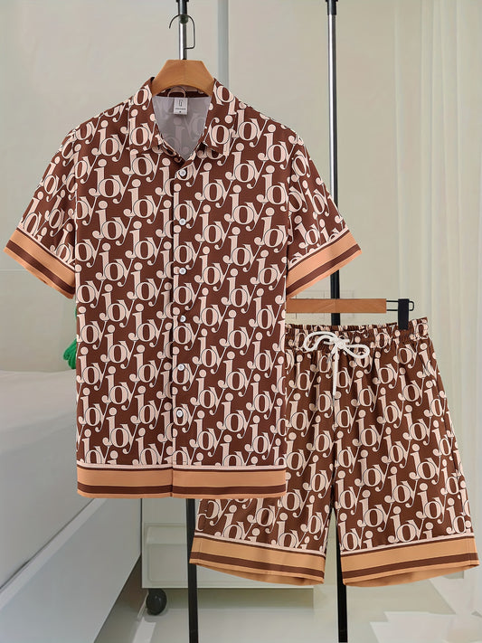 Joy All Over Print, Men's 2Pcs Outfits, Casual Camp Collar Lapel Button Up Short Sleeve Shirts Hawaiian Shirt And Drawstring Shorts Set For Summer, Men's Clothing