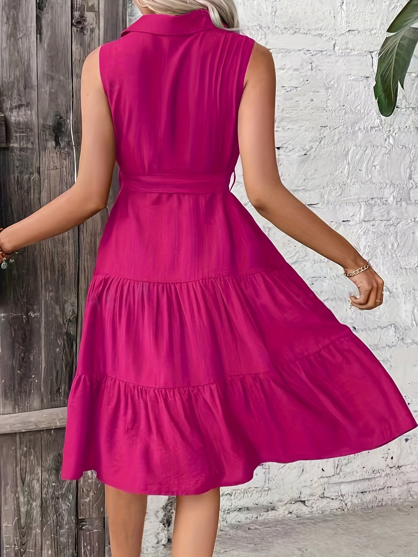 Button Front Ruffle Hem Dress, Casual Sleeveless Belted Aline Dress For Spring & Summer, Women's Clothing