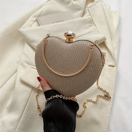 Mini Classic Heart Shaped Shoulder Chain Bag, Elegant Clip Dinner Wallet For Women, Vintage Party Bag