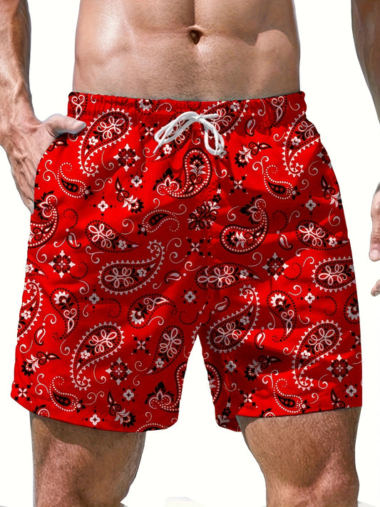 Men's Stylish Summer Paisley Pattern Drawstring Shorts With Pockets, Beach Vacation And Pool Party