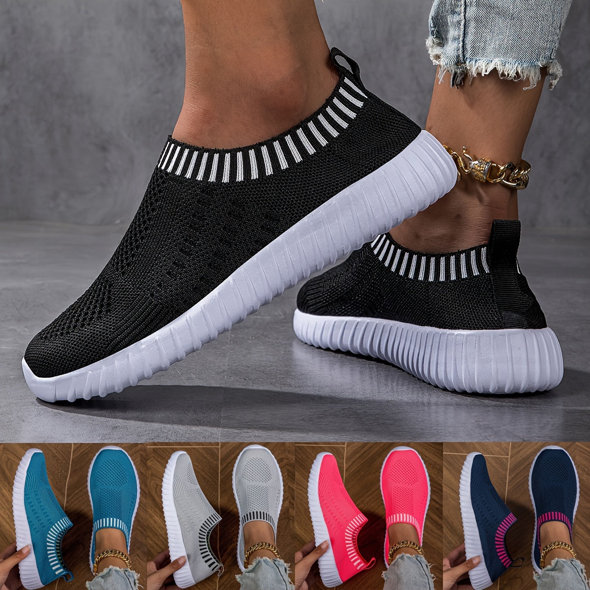 Women's Breathable Knit Sneakers, Casual Lace Up Outdoor Shoes, Lightweight Mesh Low Top Shoes