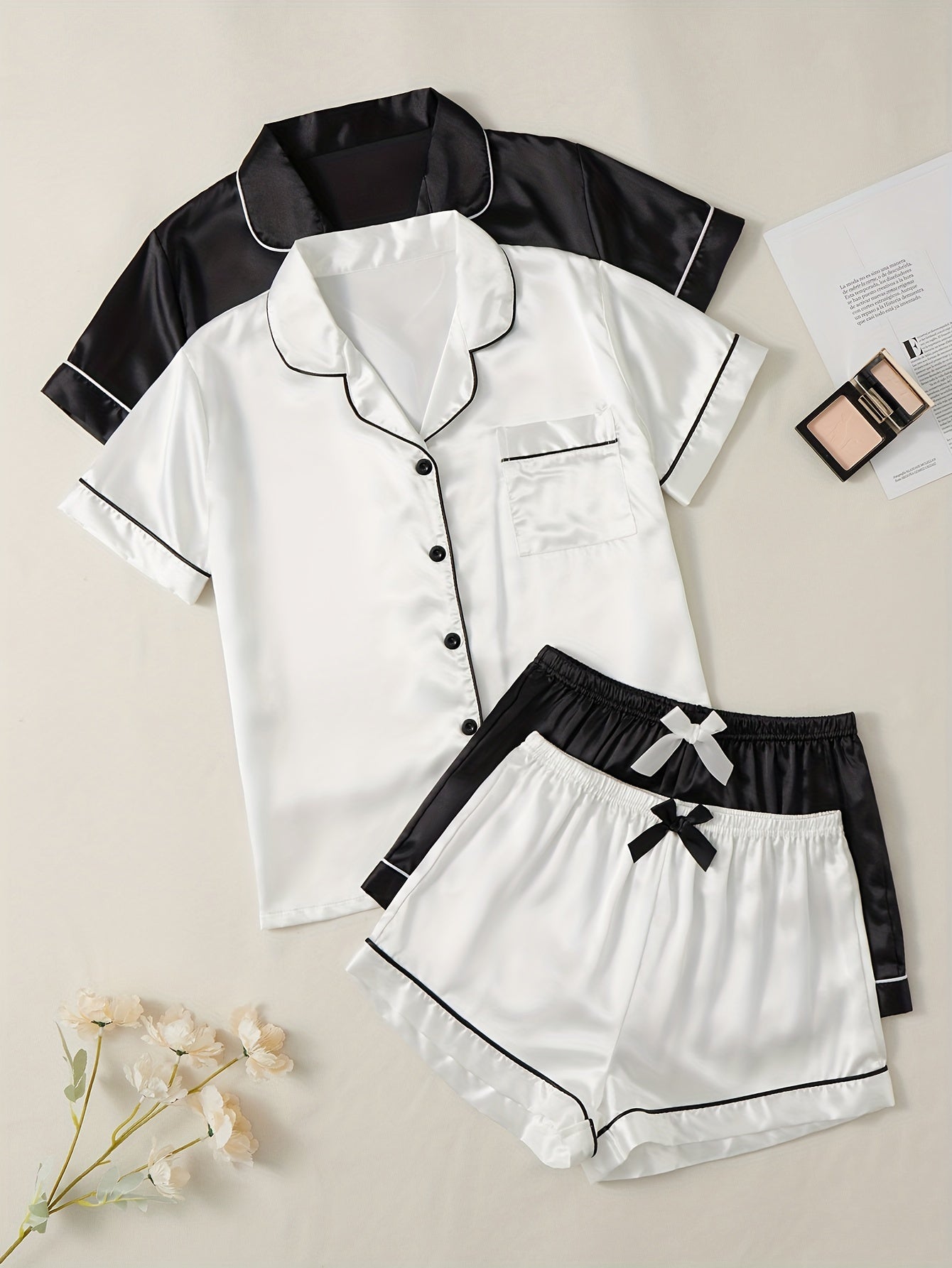 2 Sets Solid Satin Pajamas Set, Short Sleeve Lapel Buttons Top & Bow Shorts, Women's Sleepwear & Loungewear