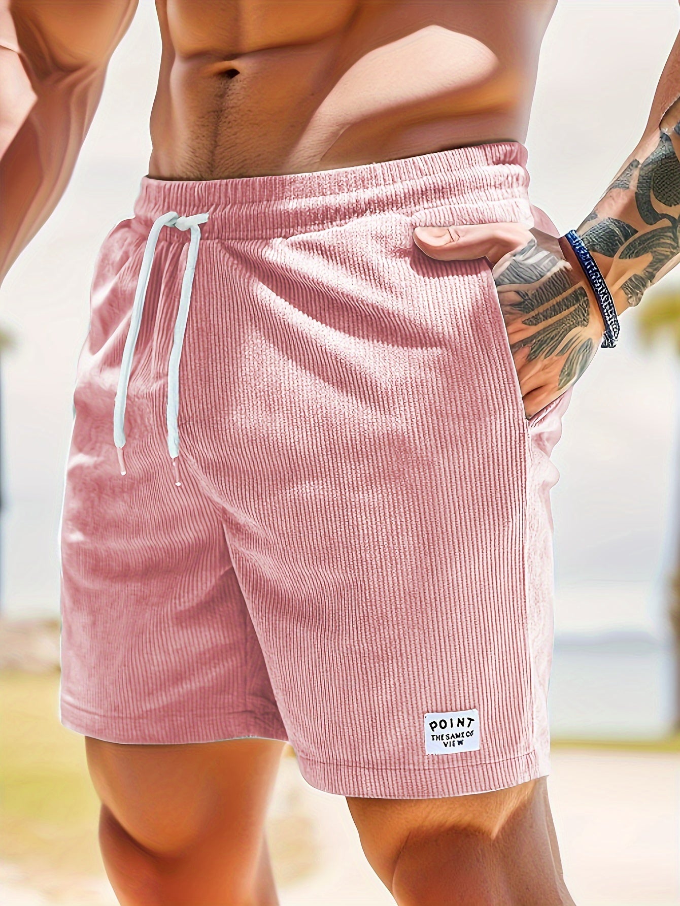 Ribbed Men's Slim Fit Drawstring Comfy Shorts With Pockets For Summer Beach