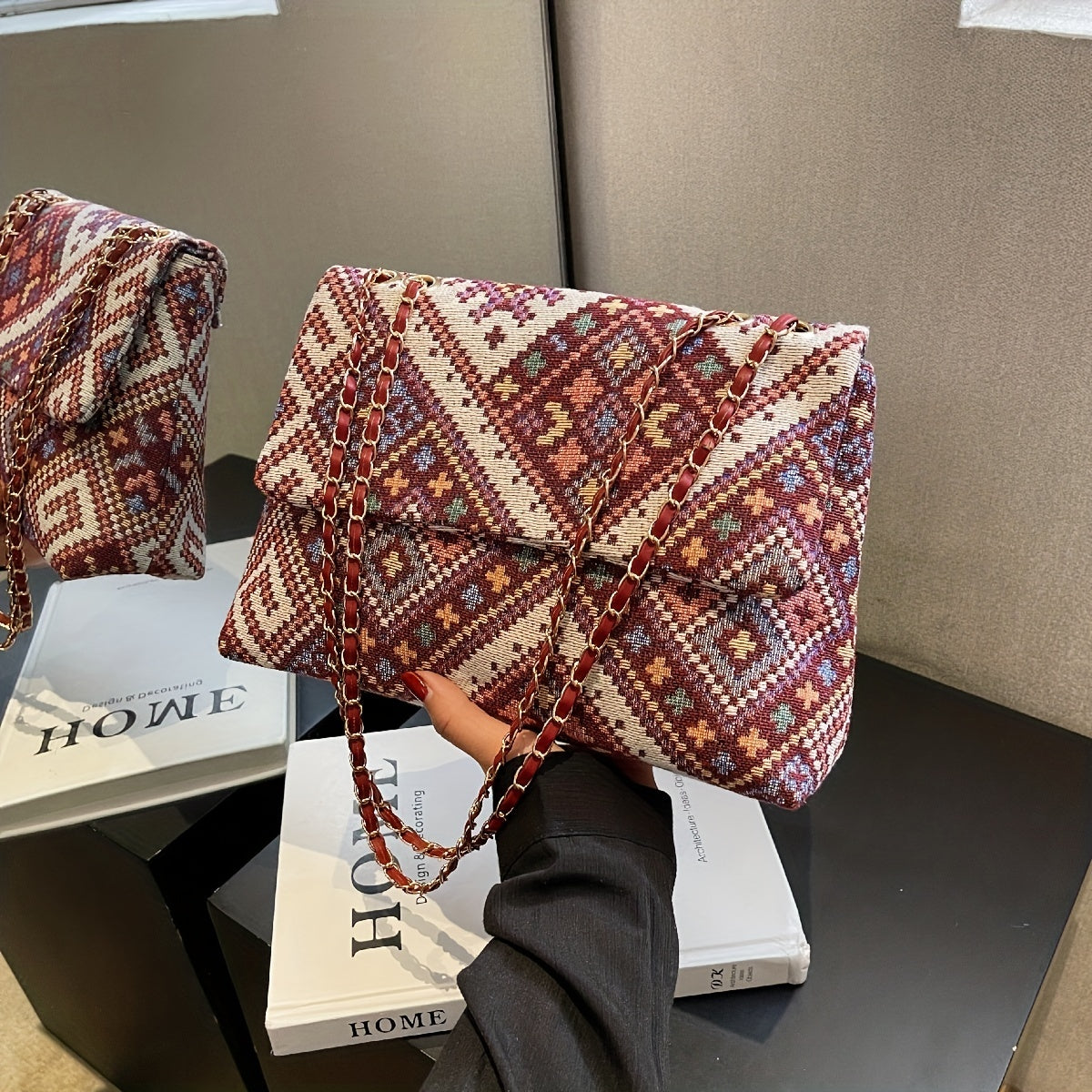 Ethnic Style Fabric Shoulder Bag, Vintage Geometric Graphic Purse, Women's Chain Crossbody Bag