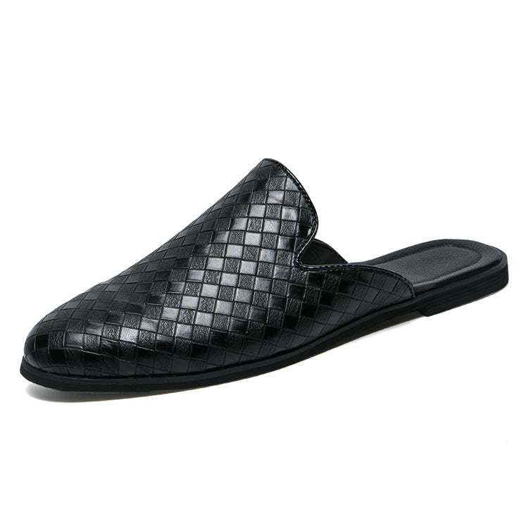 Black woven slide sandal on a white background
