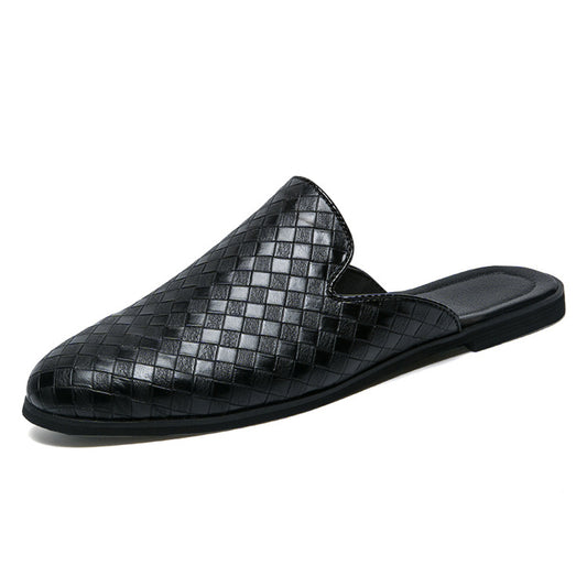 Black woven slide sandal on a white background