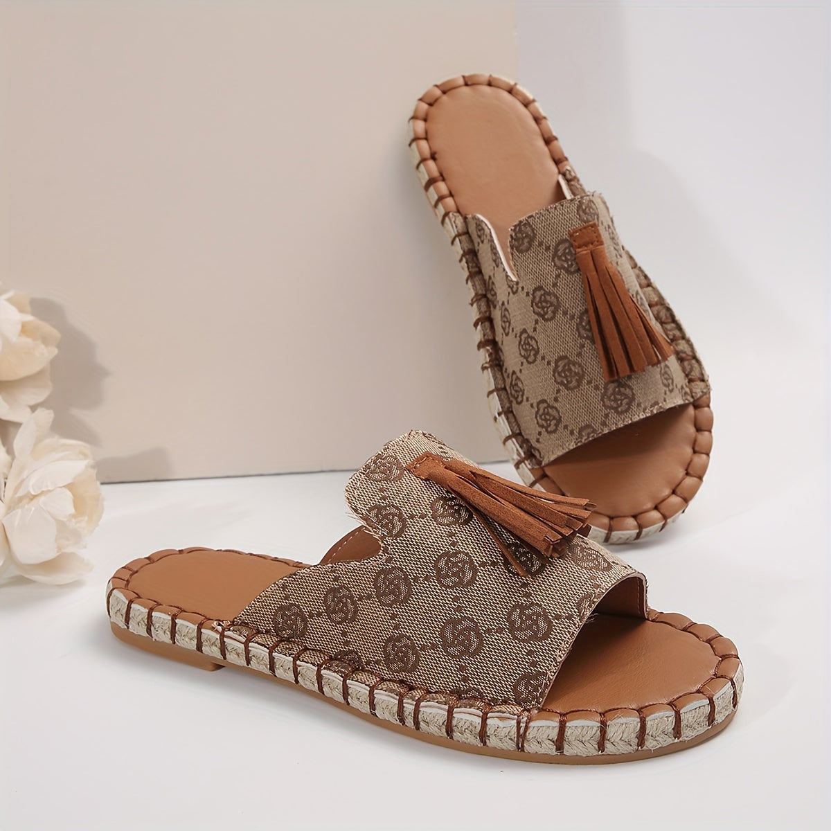 Women's Rose Pattern Flat Slides, Tassel Decor Peep Toe Espadrille Sole Shoes, Casual Summer Outdoor Slide Sandals