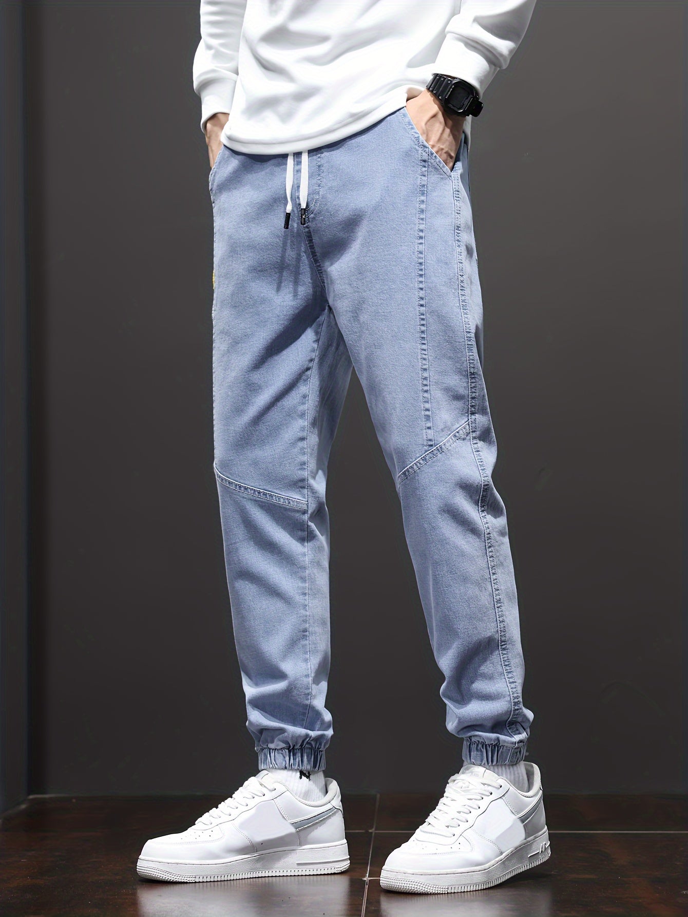 Trendy Cropped Jeans, Men's Casual Street Style Stretch Tapered Jeans For Fall Winter