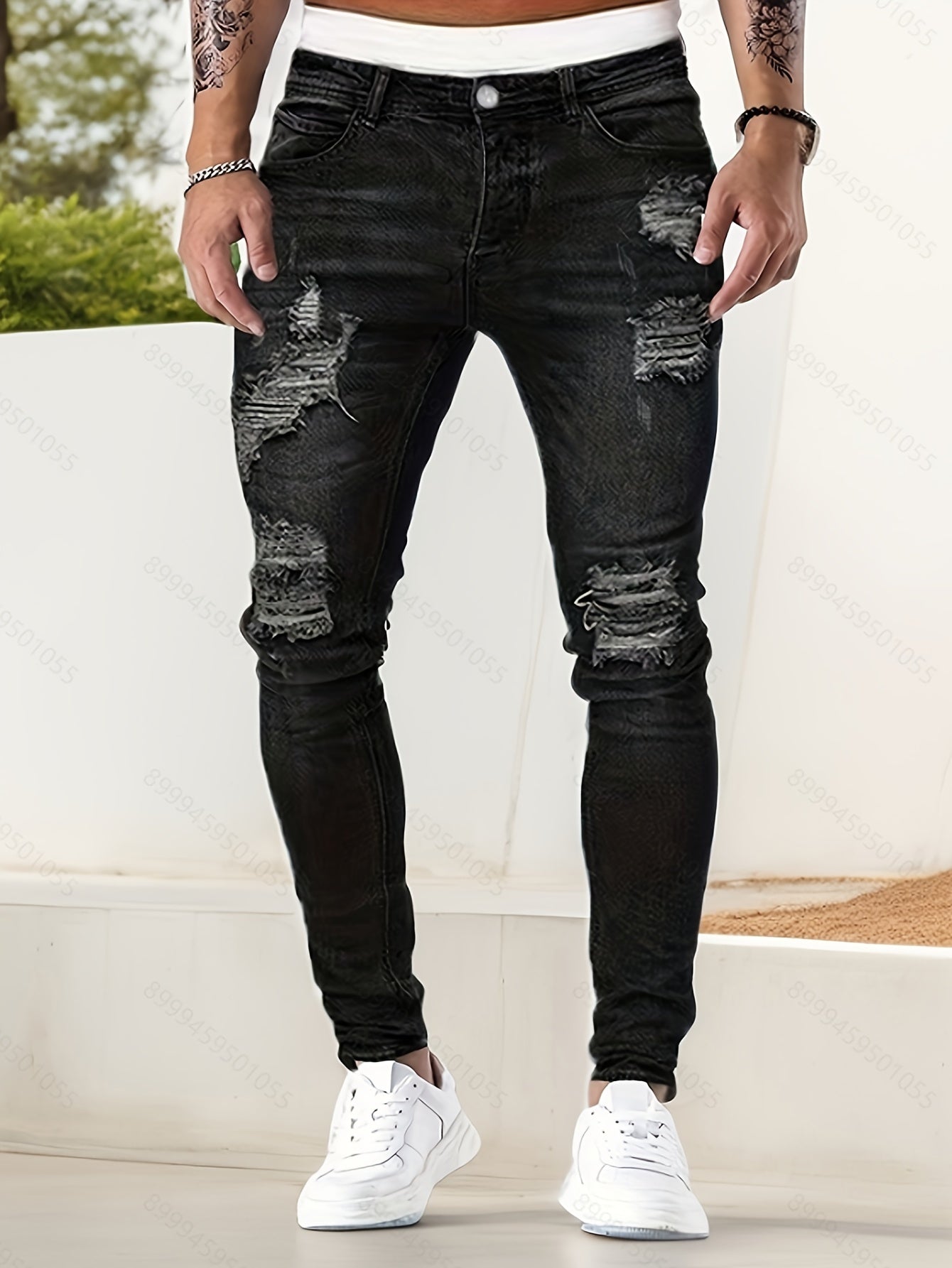 Slim Fit Ripped Jeans, Men's Casual Street Style Distressed Medium Stretch Denim Pants