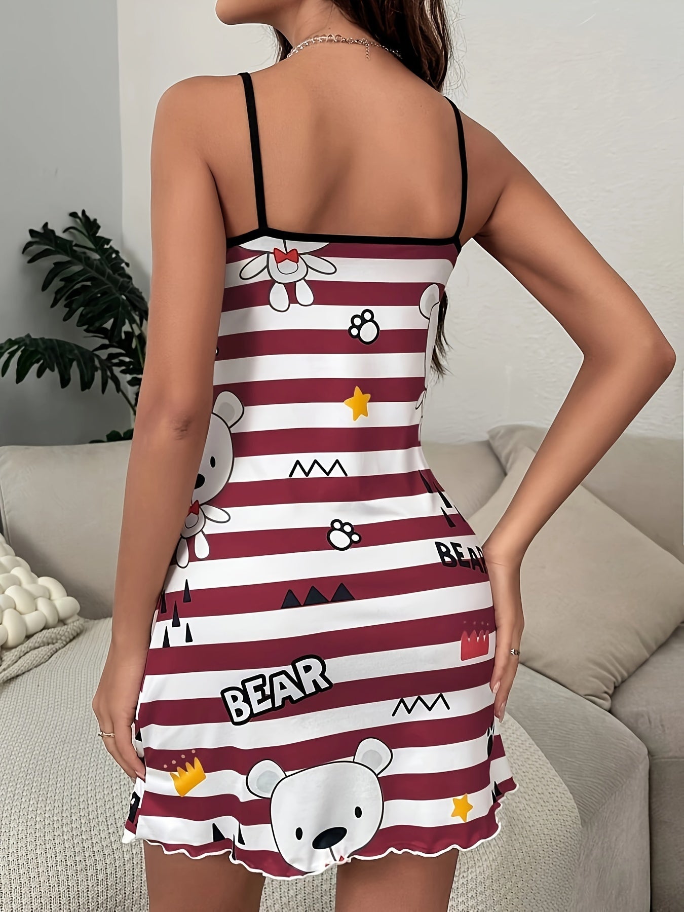 Bear Print Spaghetti Strap Dress, Casual Sleeveless Scoop Neck Lettuce Trim Dress For Spring & Summer, Women's Clothing
