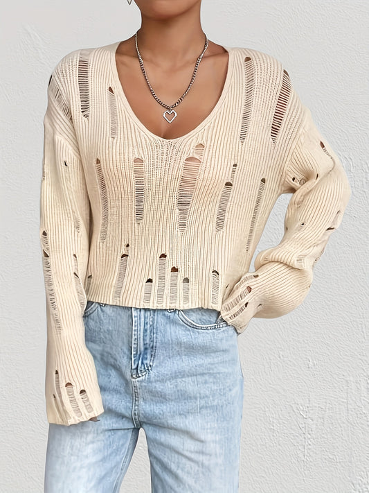 Solid V Neck Pullover Sweater, Casual Ripped Long Sleeve Knit Top For Spring & Fall, Women's Clothing