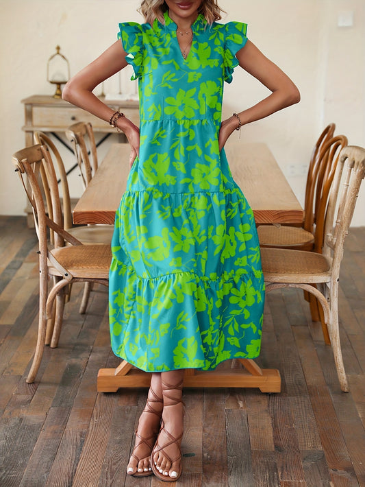 Floral Print V Neck Dress, Elegant Ruffle Sleeve Dress For Spring & Summer, Women's Clothing