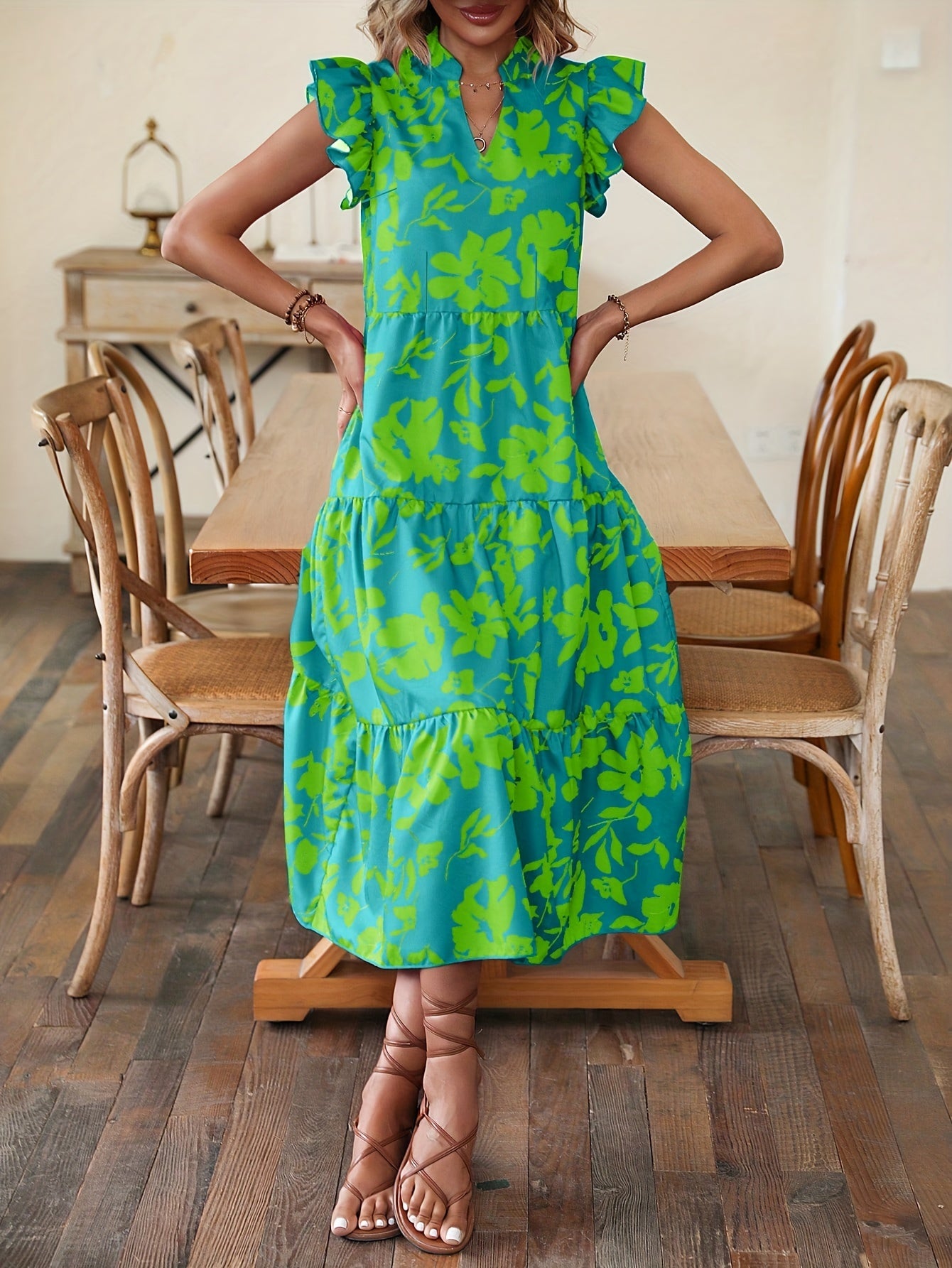 Floral Print V Neck Dress, Elegant Ruffle Sleeve Dress For Spring & Summer, Women's Clothing