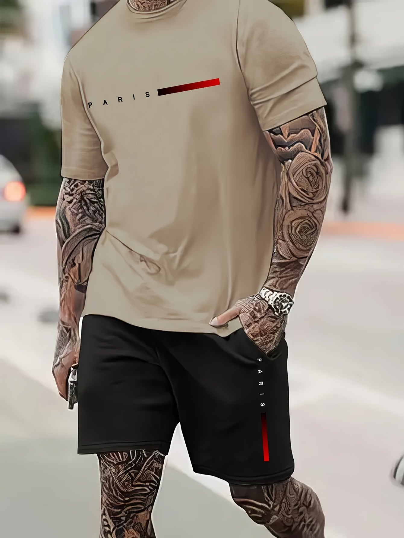 Paris Pattern Print Short Sleeve Round Neck T-shirt & Jogger Shorts Set, Summer 2Pcs Comfy Outfits For Men