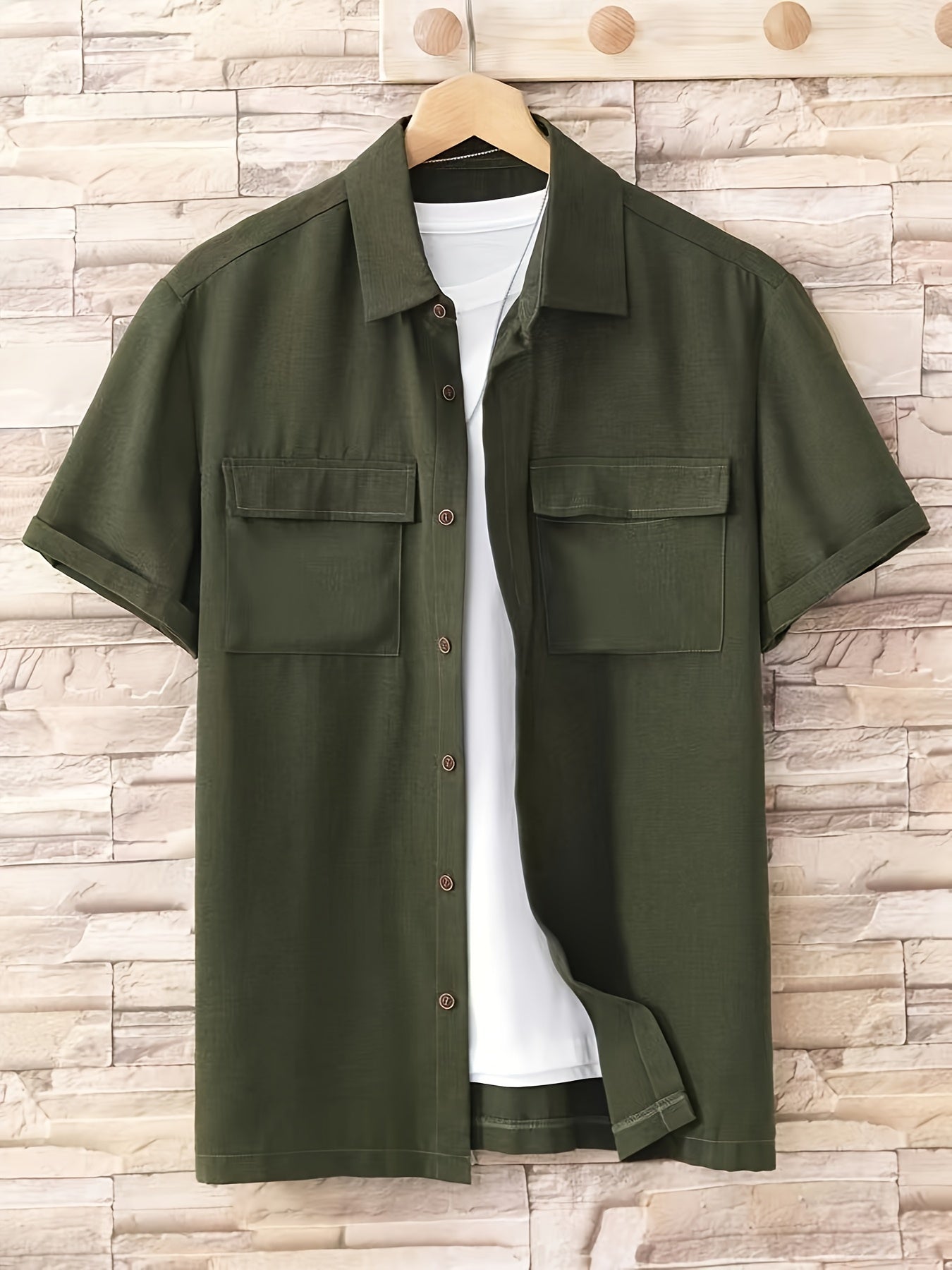 Men's Solid Casual Chest Pocket Button Up Short Sleeve Shirt For Spring Summer