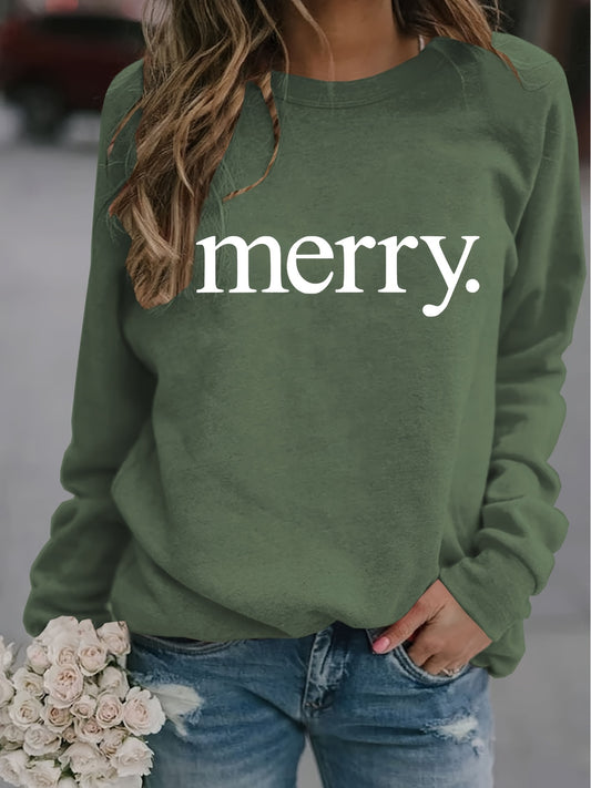 Christmas Letter Print Pullover Sweatshirt, Casual Long Sleeve Crew Neck Sweatshirt For Fall & Winter, Women's Clothing