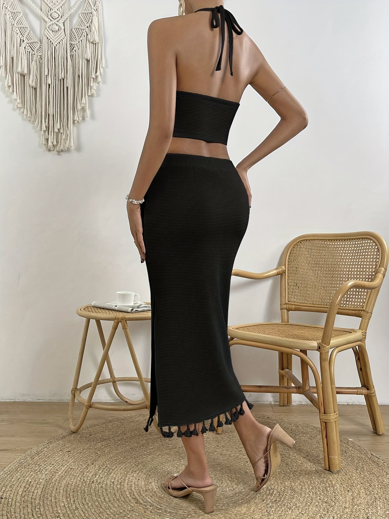 Tassel Hem Solid Skirt Suit, Vacation Halter Neck Backless Sleeveless Crop Top & High Waist Slim Split Skirt Outfits, Women's Clothing